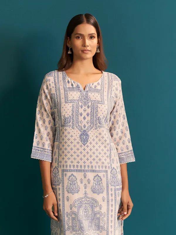 Cream cotton silk printed kurti set for women