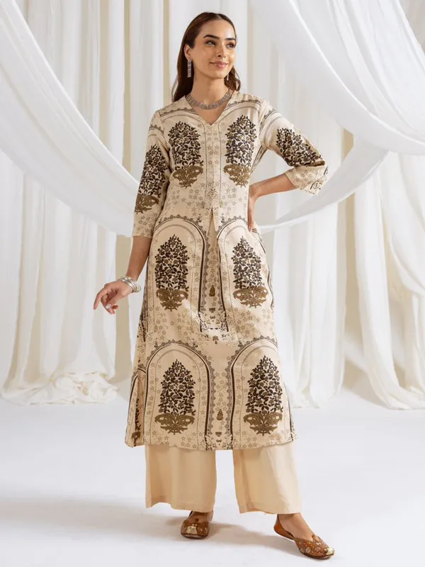 Cream cotton silk printed palazzo kurti set