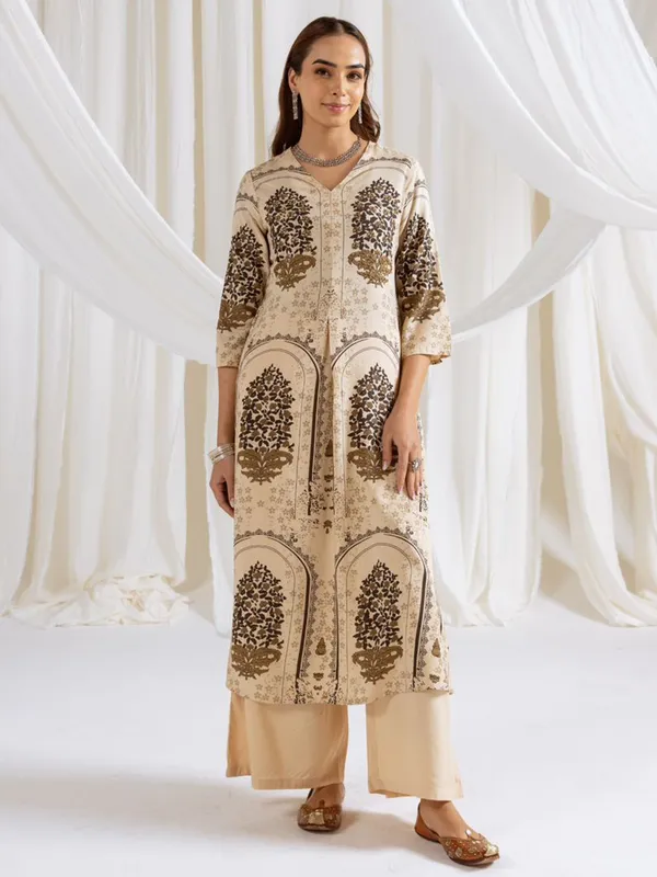 Cream cotton silk printed palazzo kurti set