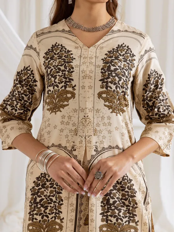 Cream cotton silk printed palazzo kurti set