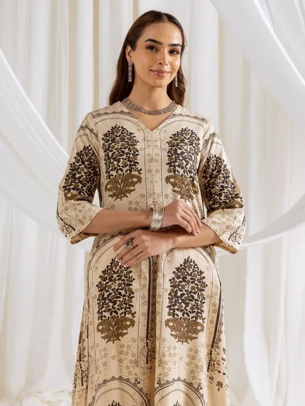 Cream cotton silk printed palazzo kurti set