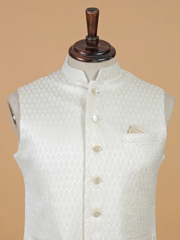 Cream cotton silk printed waistcoat for men