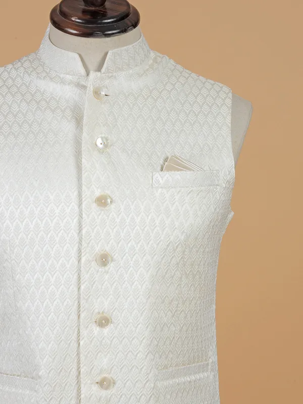 Cream cotton silk printed waistcoat for men