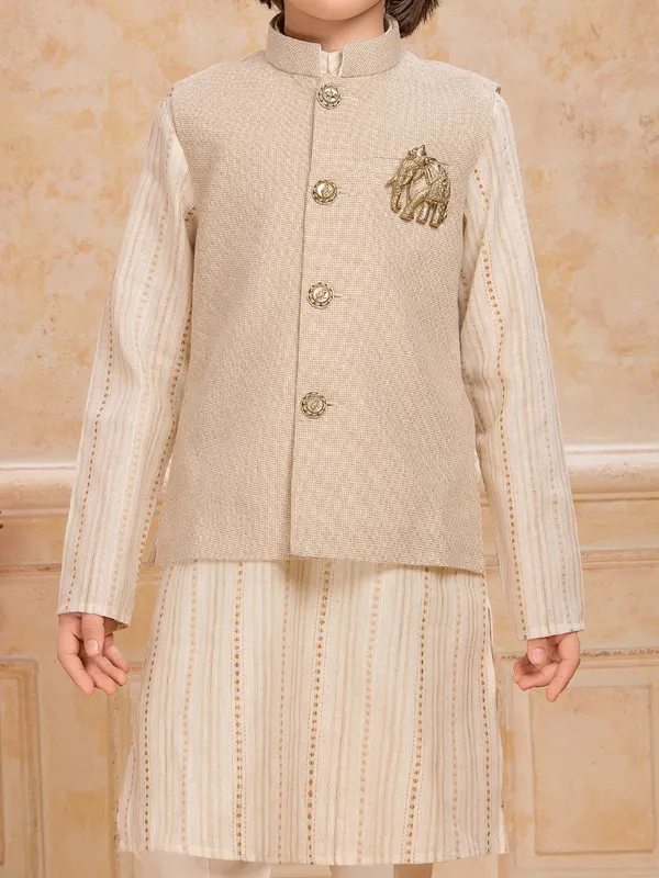 Cream cotton silk printed waistcoat set