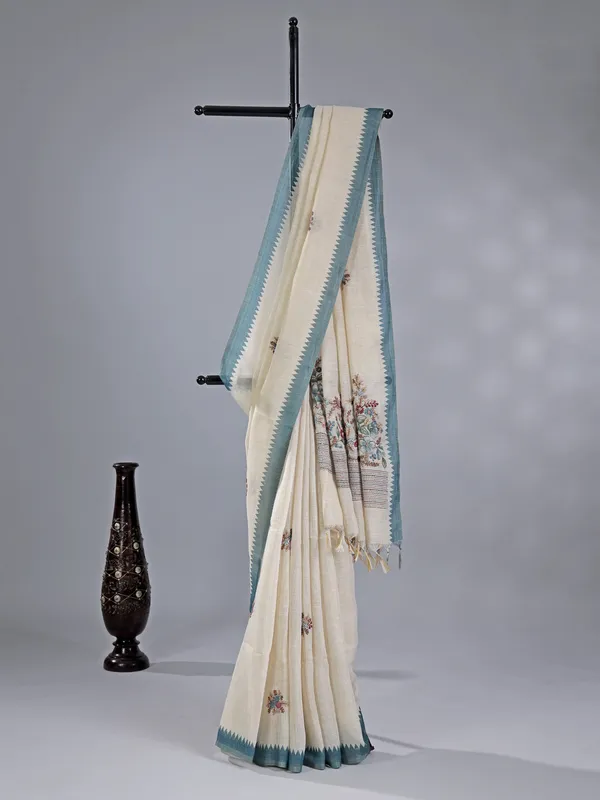 Cream cotton silk saree for festive wear