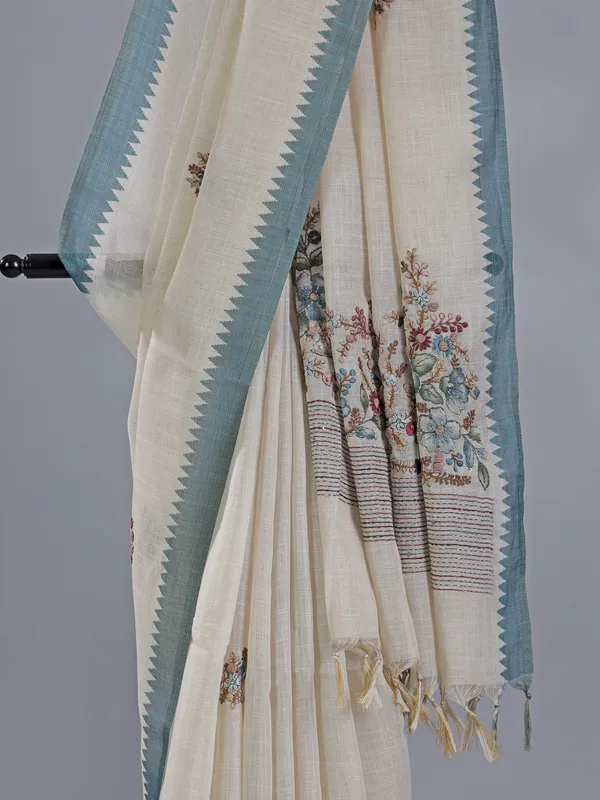 Cream cotton silk saree for festive wear