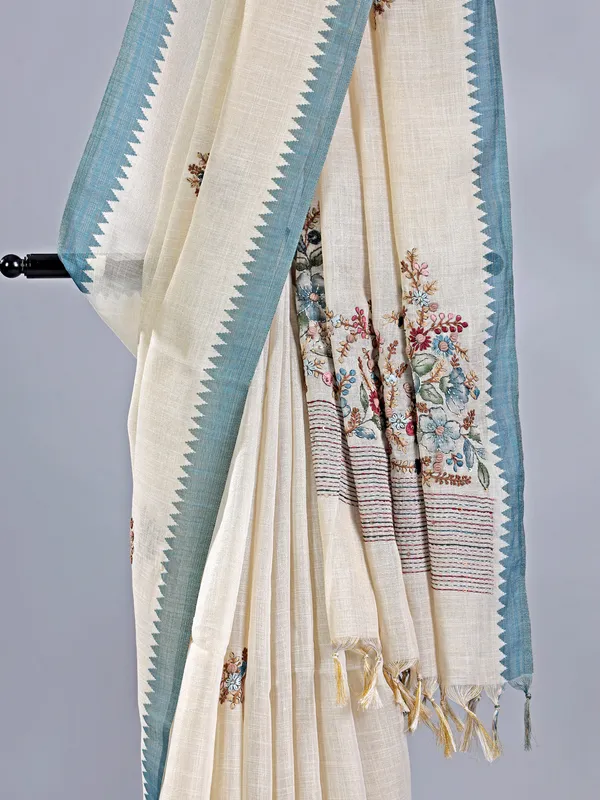Cream cotton silk saree for festive wear