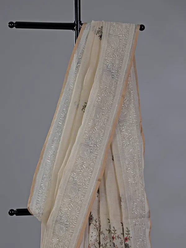 Cream cotton silk saree with embroidered elegance
