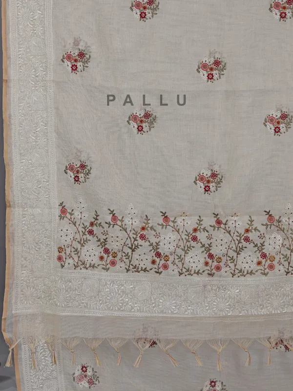 Cream cotton silk saree with embroidery and sequins