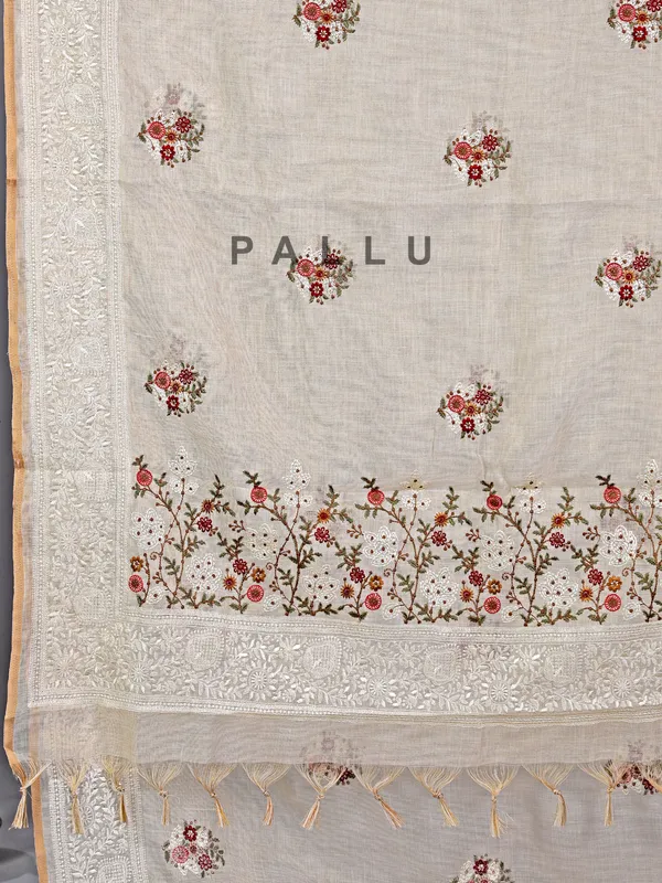 Cream cotton silk saree with embroidery and sequins