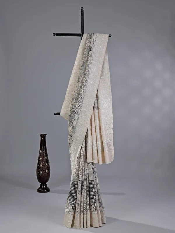Cream cotton silk saree with print