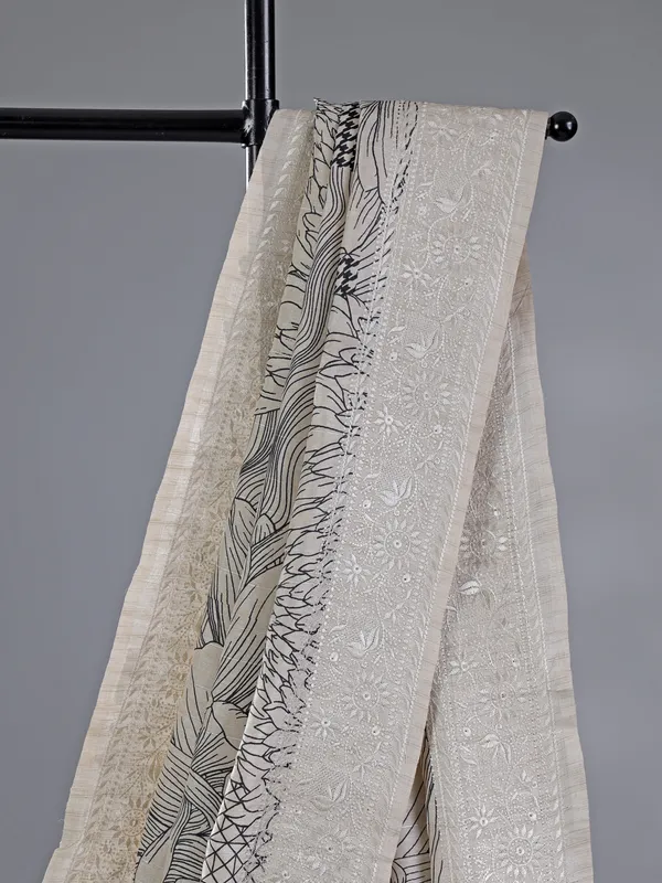 Cream cotton silk saree with print
