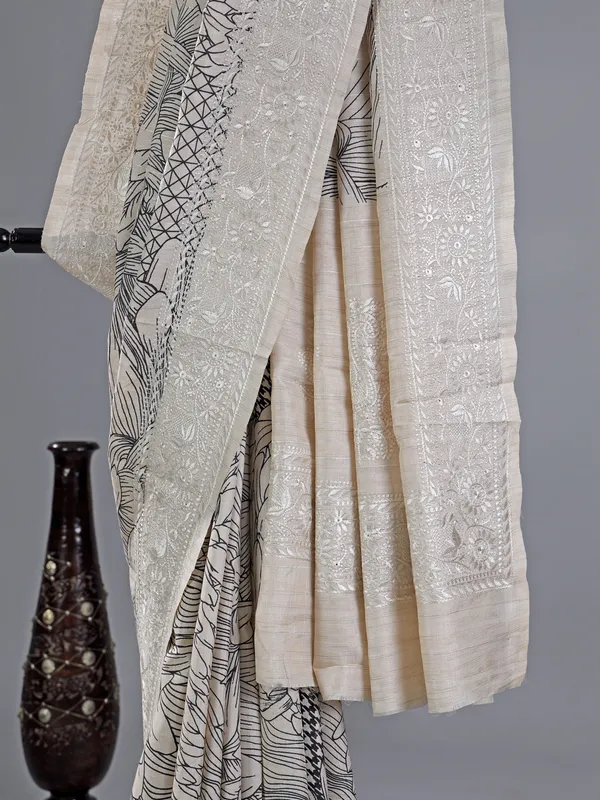 Cream cotton silk saree with print