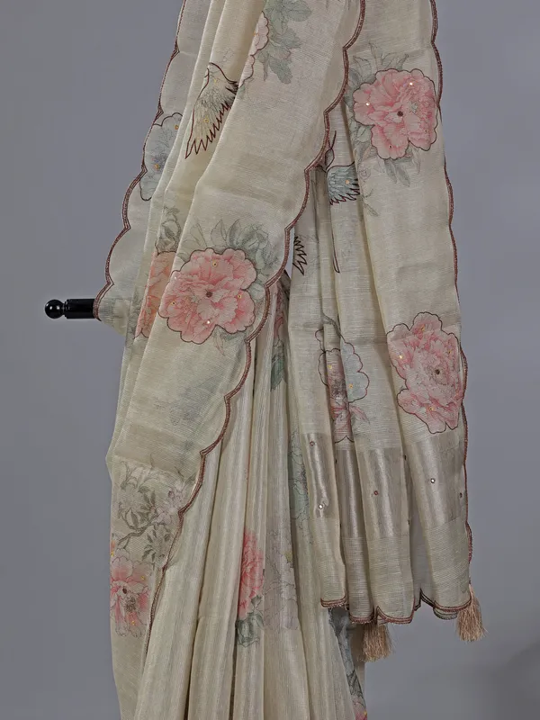 Cream cotton silk saree with printed details
