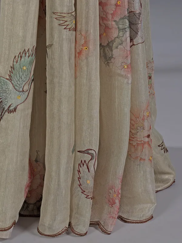 Cream cotton silk saree with printed details