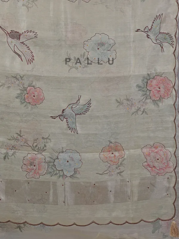 Cream cotton silk saree with printed details