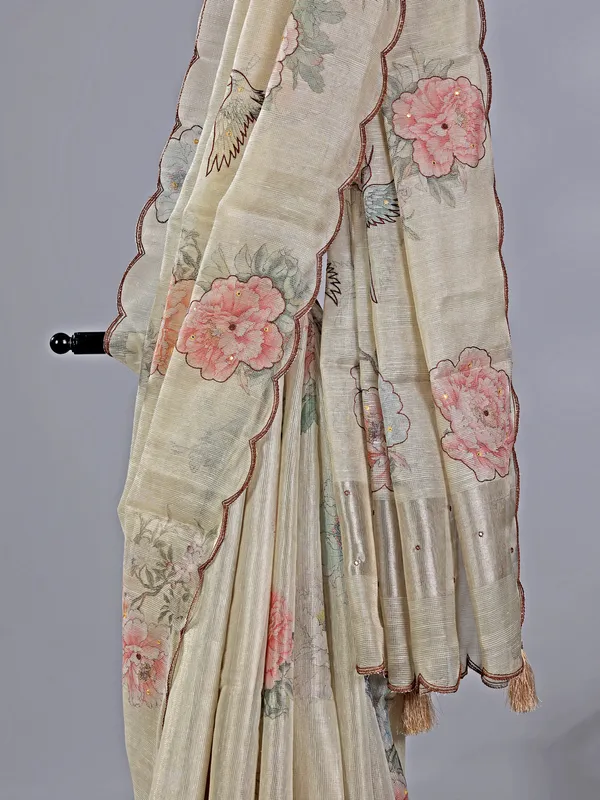 Cream cotton silk saree with printed details