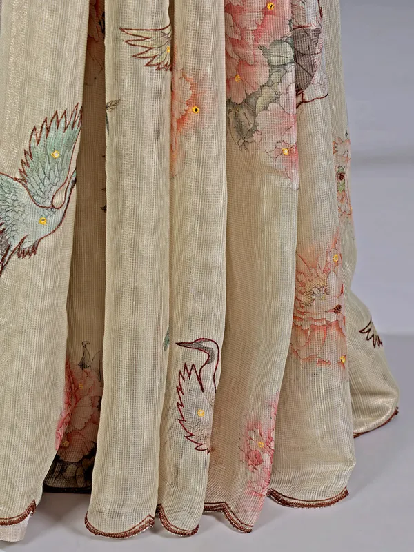 Cream cotton silk saree with printed details