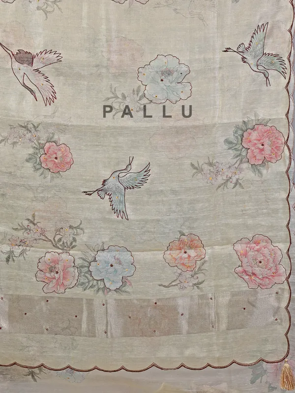 Cream cotton silk saree with printed details