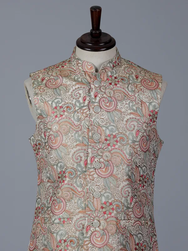 Cream cotton silk waistcoat with embroidery work