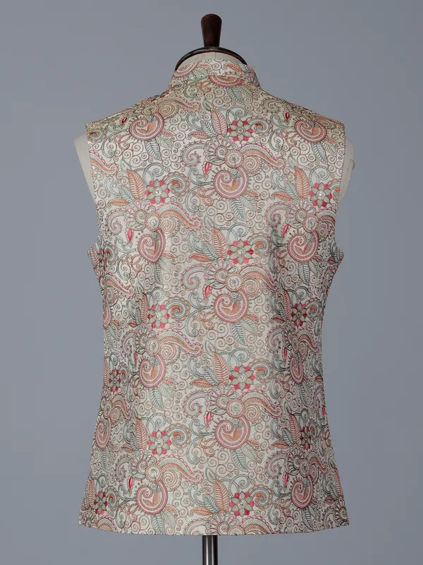 Cream cotton silk waistcoat with embroidery work