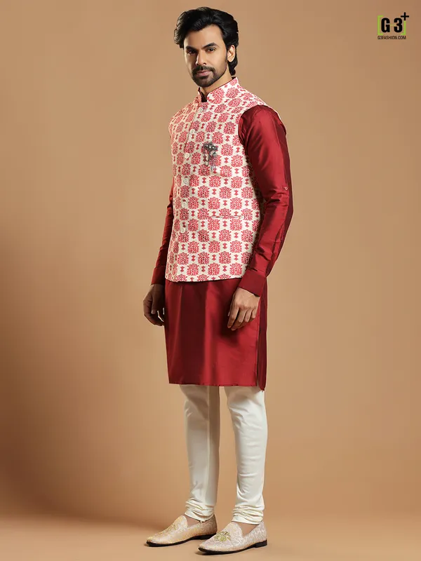 Cream cotton silk waistcoat with maroon kurta set