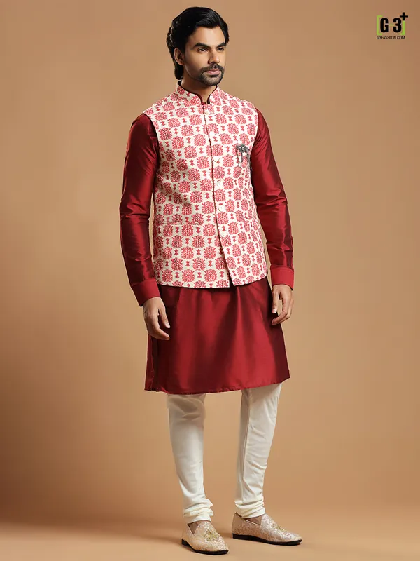 Cream cotton silk waistcoat with maroon kurta set