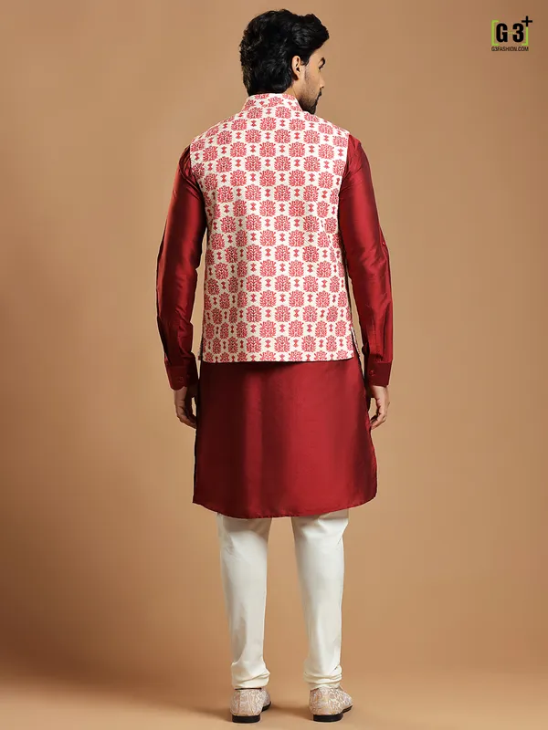 Cream cotton silk waistcoat with maroon kurta set