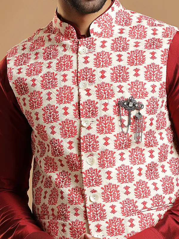Cream cotton silk waistcoat with maroon kurta set