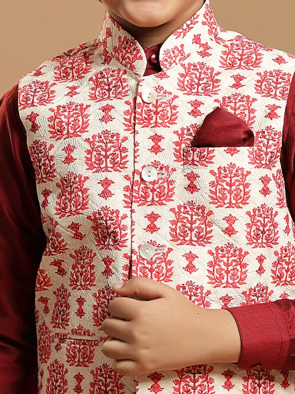 Cream cotton silk waistcoat with maroon kurta set for boys