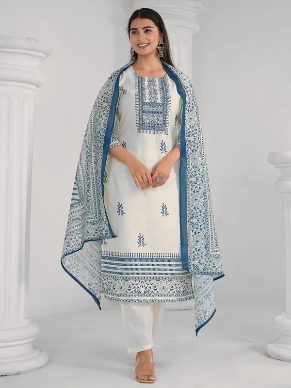 Cream cotton thread worked kurti set