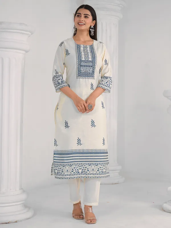 Cream cotton thread worked kurti set