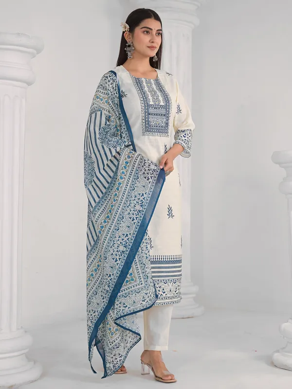 Cream cotton thread worked kurti set