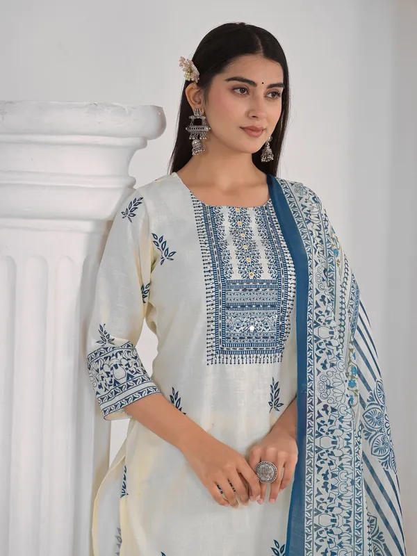 Cream cotton thread worked kurti set