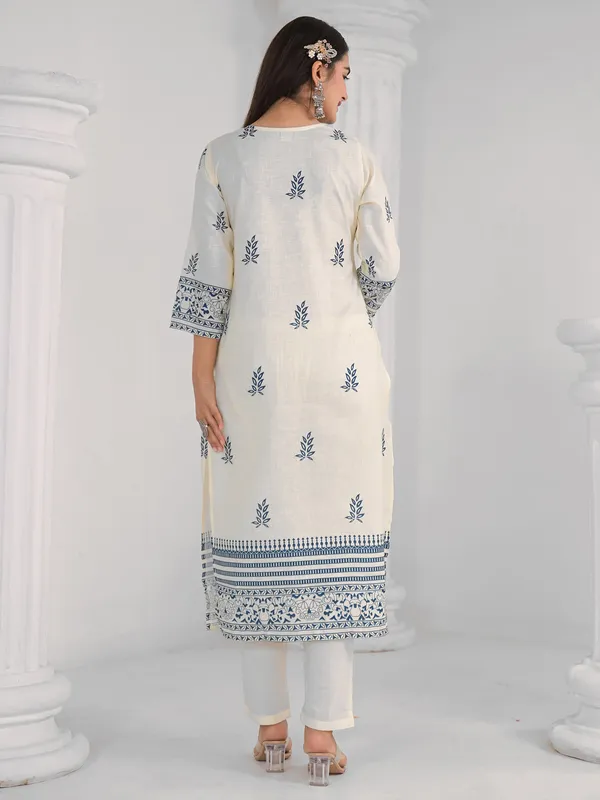 Cream cotton thread worked kurti set