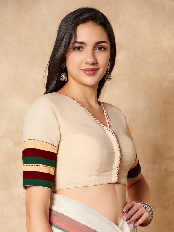 Cream cotton V neck ready made blouse