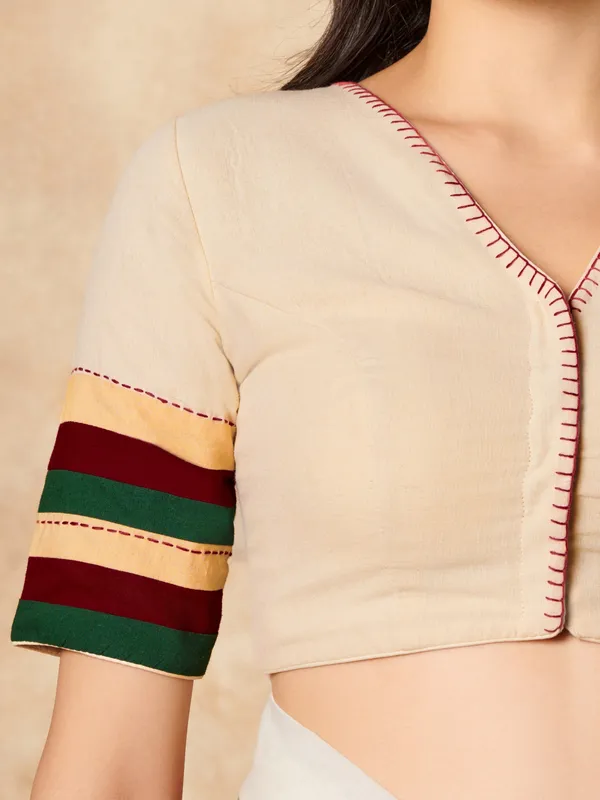 Cream cotton V neck ready made blouse