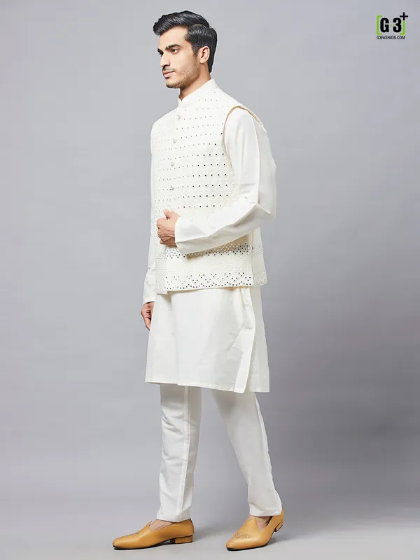 Cream cotton waistcoat set for mens