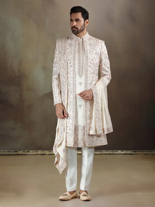 Cream crochet long jacket style sherwani with dupatta