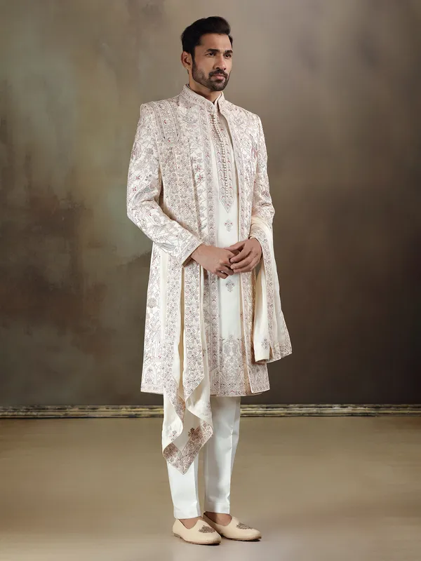 Cream crochet long jacket style sherwani with dupatta
