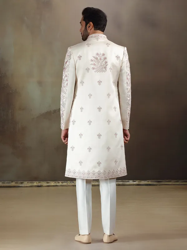 Cream crochet long jacket style sherwani with dupatta