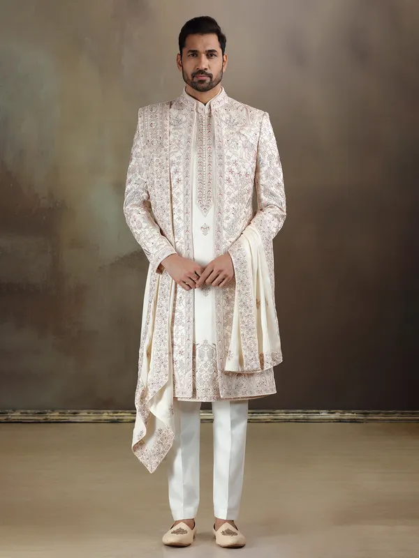 Cream crochet long jacket style sherwani with dupatta