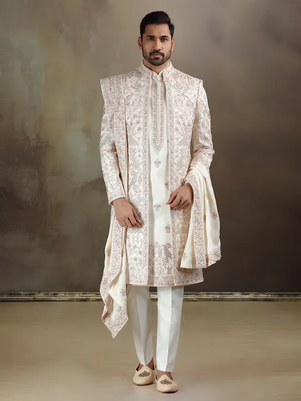Cream crochet long jacket style sherwani with dupatta