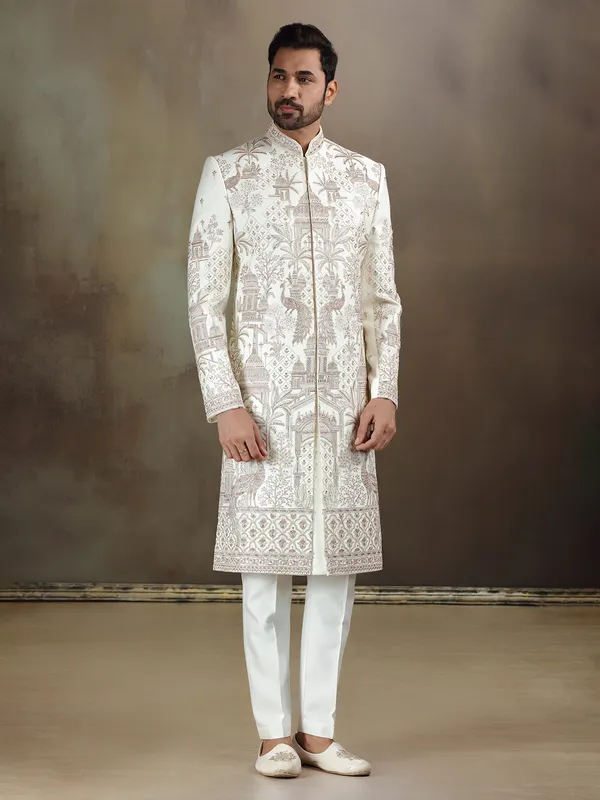 Cream crochet wedding wear sherwani for mens