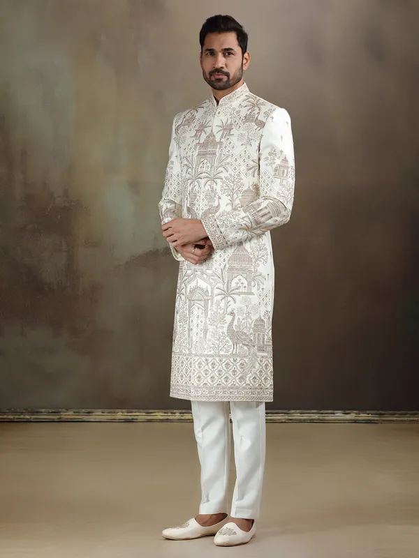 Cream crochet wedding wear sherwani for mens