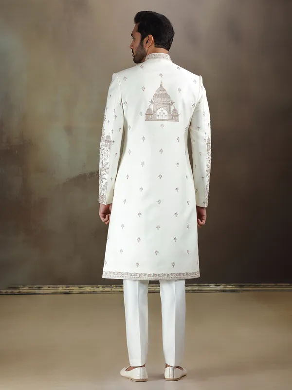 Cream crochet wedding wear sherwani for mens