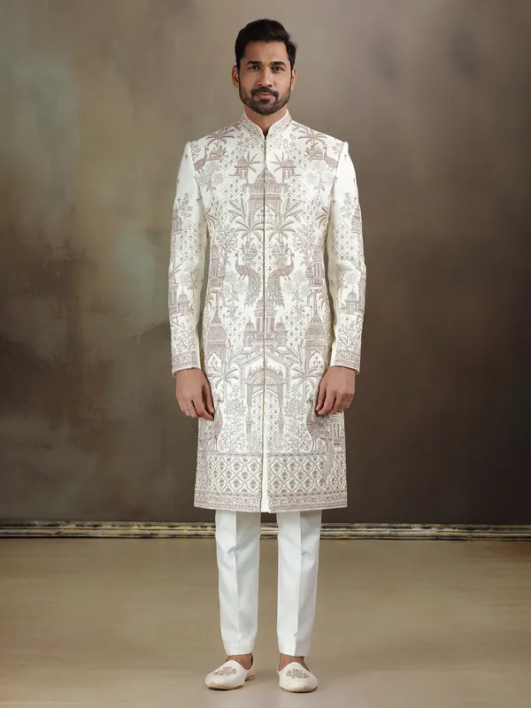 Cream crochet wedding wear sherwani for mens
