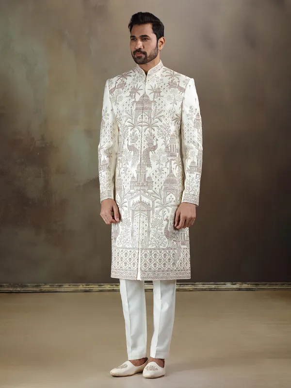 Cream crochet wedding wear sherwani for mens