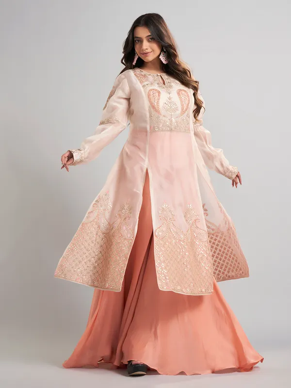 Cream designer pakistani tissue and satin silk palazzo suit
