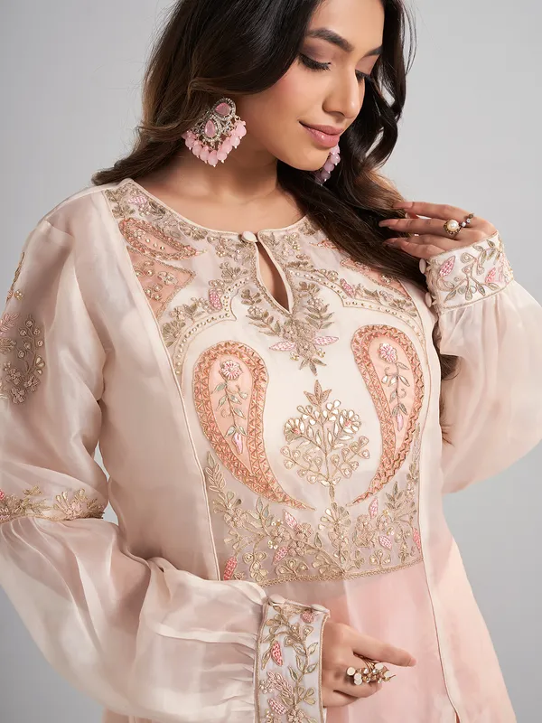 Cream designer pakistani tissue and satin silk palazzo suit